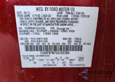 2012 Ford Taurus Limited z USA, uszkodzony, nr VIN 1FAHP2FW7CG103584